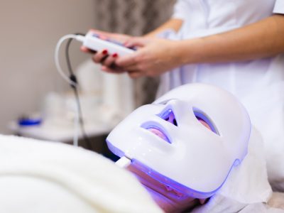 The client lies in the salon on the cosmetology table with a white mask on her face
